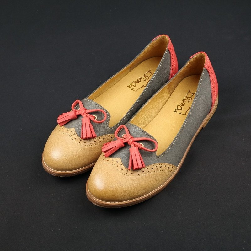 拚色流苏雕花低跟鞋-灰红卡 - 女款牛津鞋/乐福鞋 - 真皮 多色