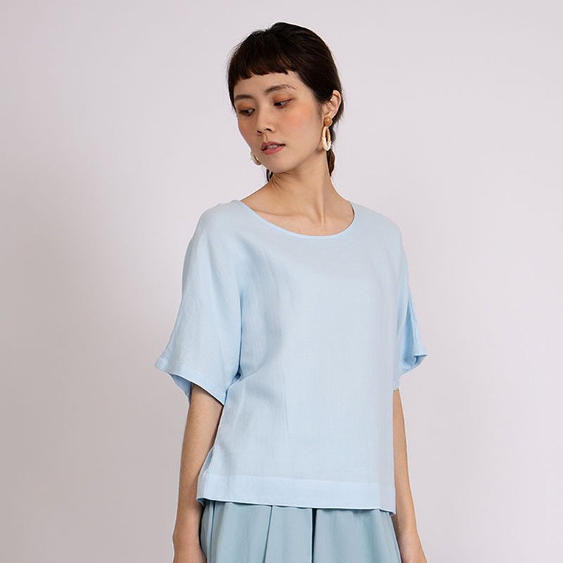 女装纱织五分袖上衣-水蓝 - 女装上衣 - 棉．麻 蓝色