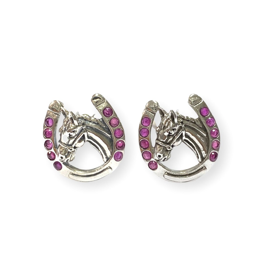 Victorian Style Horseshoe with Ruby Stone 925 Sterling Silver Mens Fathers Gift - 袖扣 - 纯银 银色