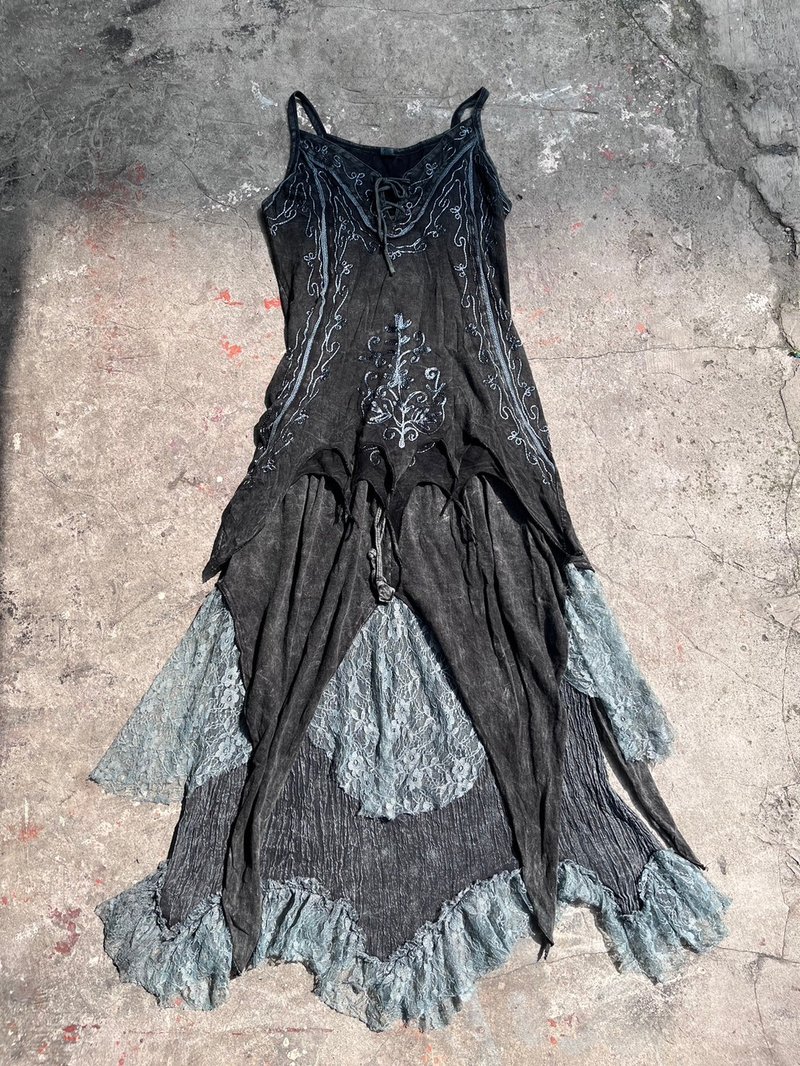 喜迎瑶 尼泊尔 植物染 刺绣背心 蕾丝拼接裙 长裙 民族风 嬉皮 - 裙子 - 棉．麻 银色