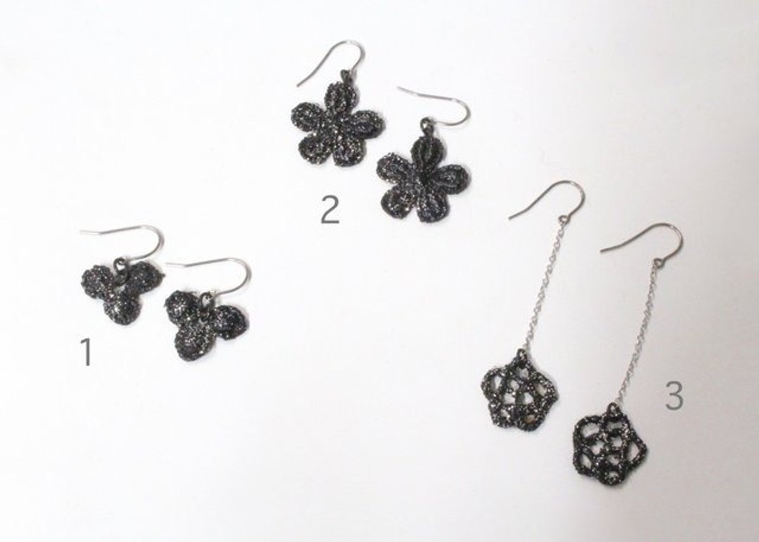Lacquer lace petit pierced Clip-On - 耳环/耳夹 - 其他材质 黑色