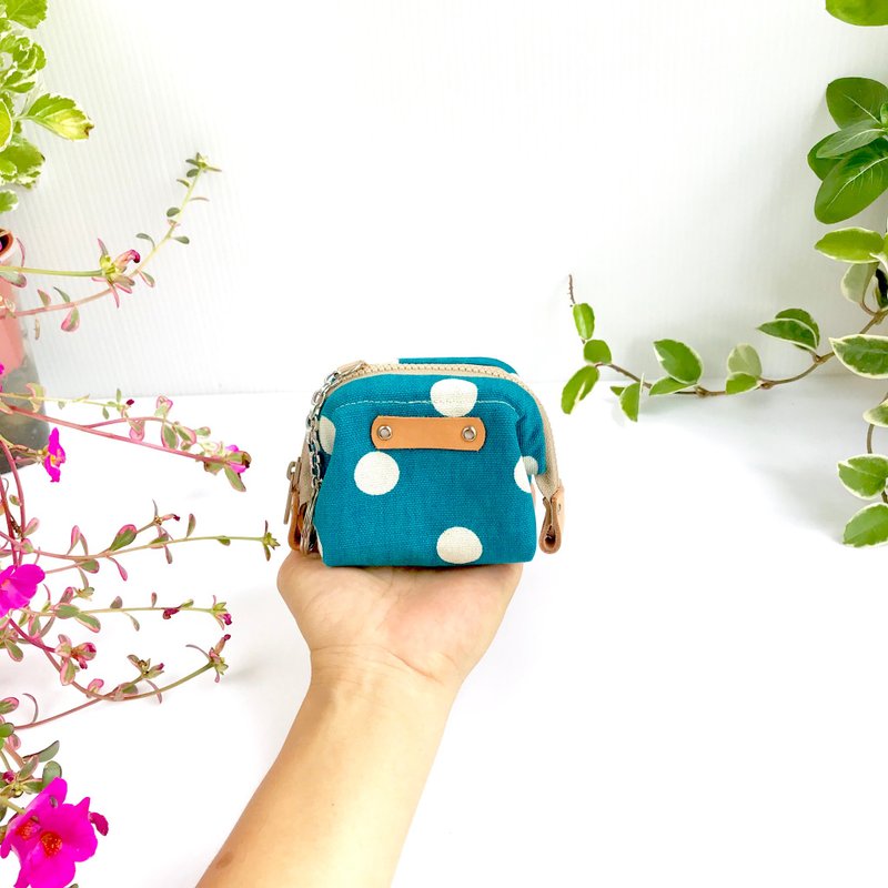 零钱包钥匙圈/ 蓝点 - 零钱包 - 棉．麻 蓝色