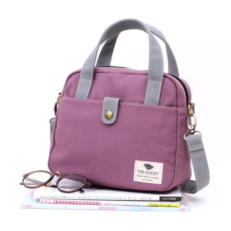 mini bag - purple mangoteen+gray(strap) - 侧背包/斜挎包 - 棉．麻 紫色