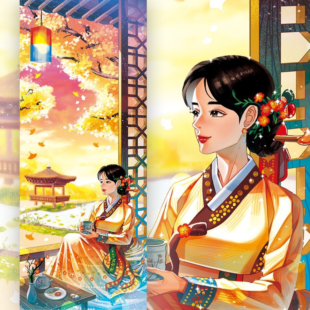 四季-秋日女孩韩服插画明信片 (uha) 书签 - 卡片/明信片 - 纸 橘色