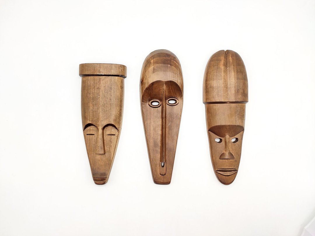 Set of 3 tiki mask wood,Wood mask wall art, wood tribal mask, carved wood mask - 木工/竹艺/纸艺 - 木头 
