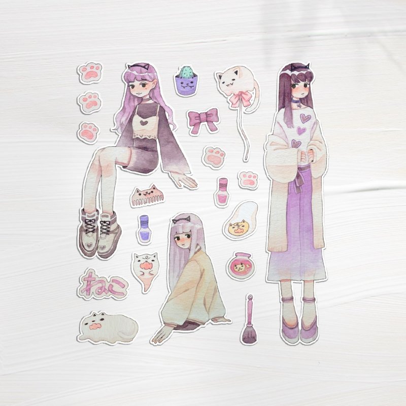 喵少女手绘水彩贴纸20入 - 贴纸 - 纸 紫色