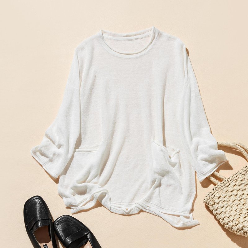 【特别优惠】四季皆宜套头衫 100%亚麻 9分袖亚麻针织 燕麦白 250508-1 - 女装衬衫 - 棉．麻 