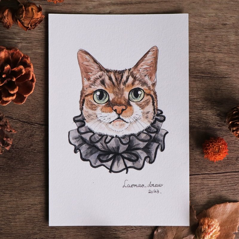 水彩插画原画稿 猫咪头像 4X6 6寸 3007 白底虎斑猫与拉夫领 - 海报/装饰画/版画 - 纸 