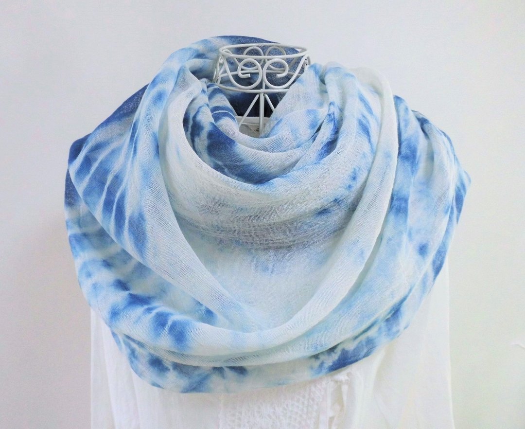 Indigo dyeing, organic cotton gauze, Chita cotton, large format long stole_7 whirlpool - 围巾/披肩 - 棉 蓝色