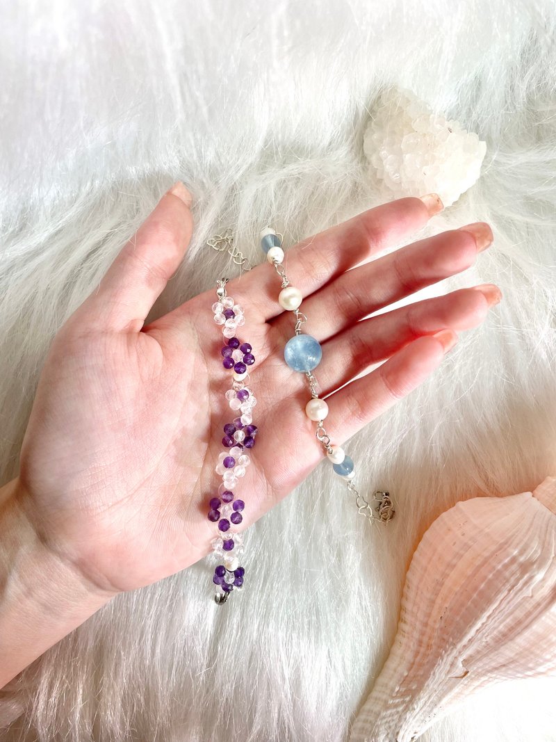 定制化 |满天星紫气泡/雪蓝星河| 紫水晶、白水晶/海蓝宝、珍珠 - 手链/手环 - 水晶 蓝色