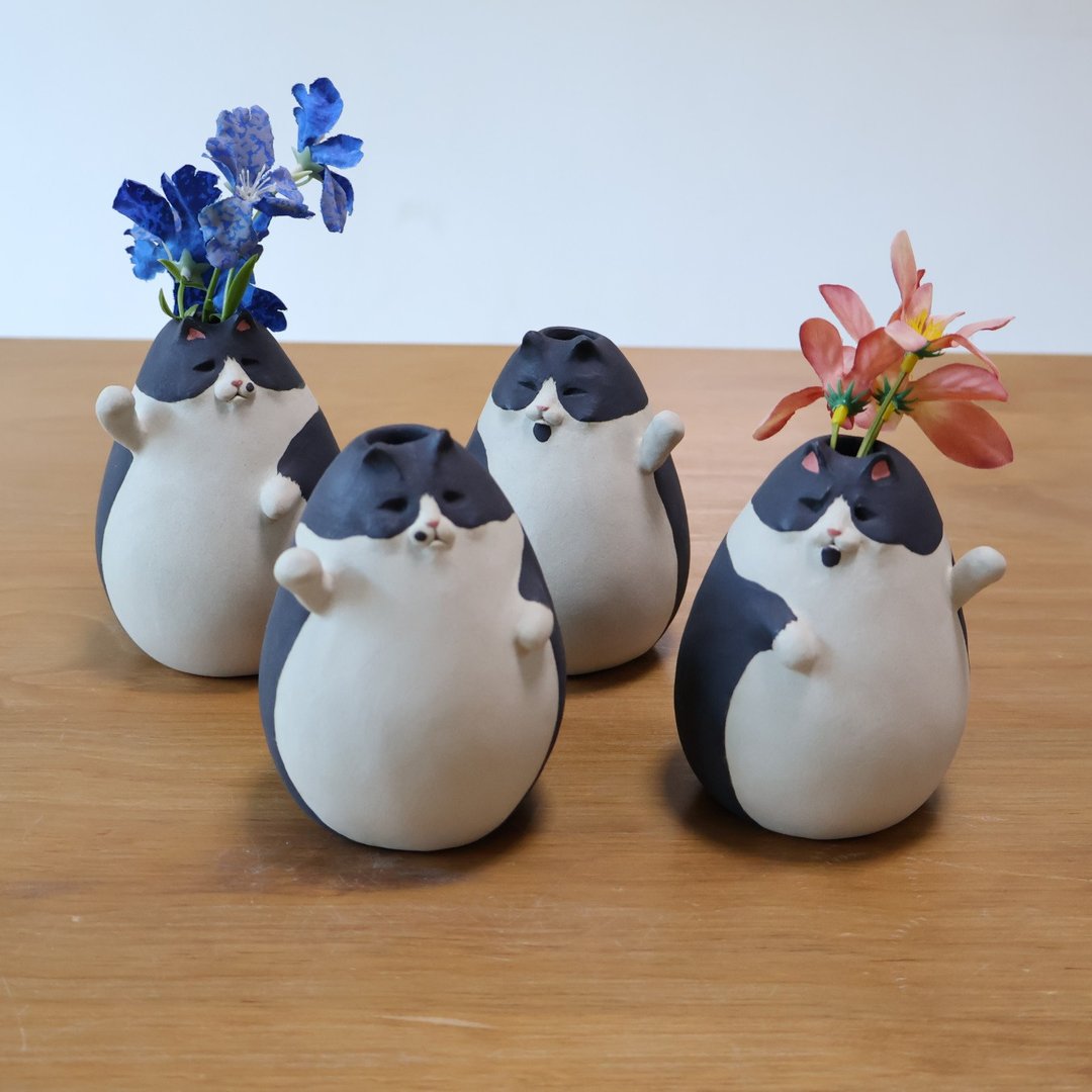 黑白招财猫 花器 摆饰 - 花瓶/陶器 - 陶 黑色