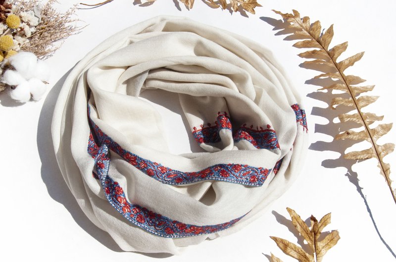 喀什米尔Cashmere 手织围巾 编织围巾 羊绒围巾纯羊毛围巾披巾-花 - 围巾/披肩 - 羊毛 白色