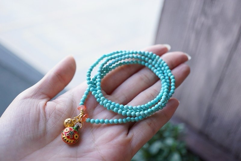 3mm天然绿松石 南红吞金兽设计多圈手链手串s - 手链/手环 - 植物．花 绿色