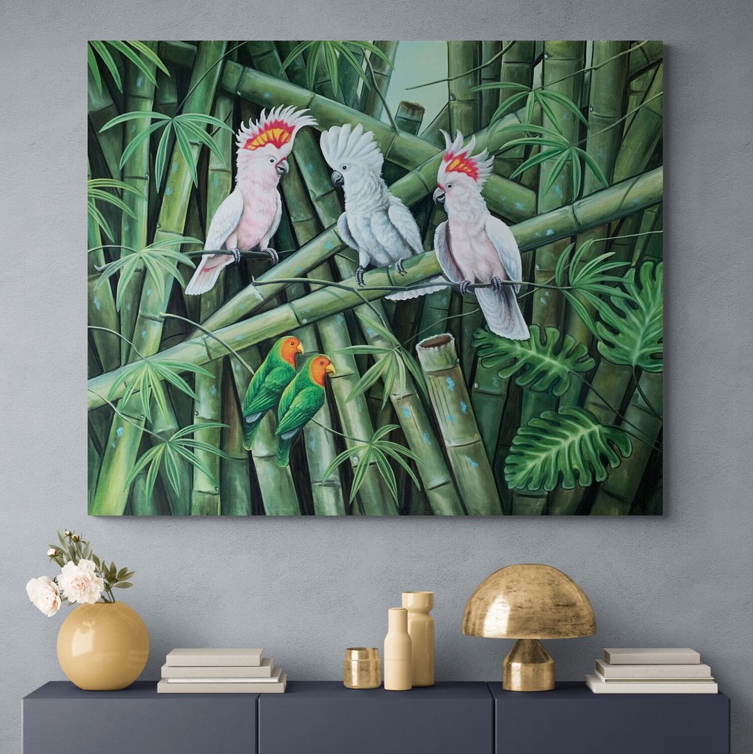 Parrot Painting Original Artwork on Canvas Feng Shui Bamboo Bird Painting Art - 墙贴/壁贴 - 其他材质 绿色