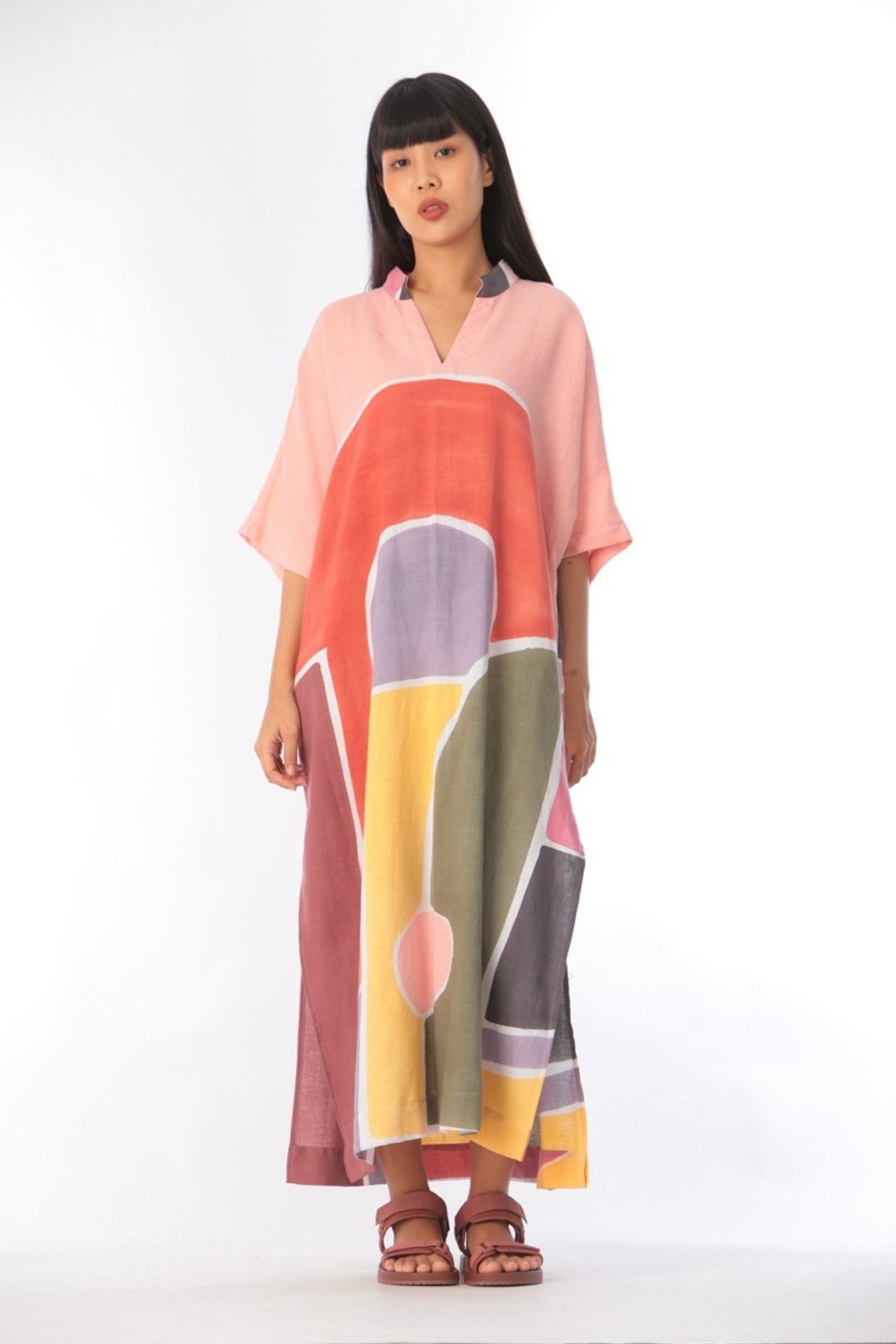 Kaftan Linen Hand Paint Free Size Art&Decor - 洋装/连衣裙 - 棉 红色