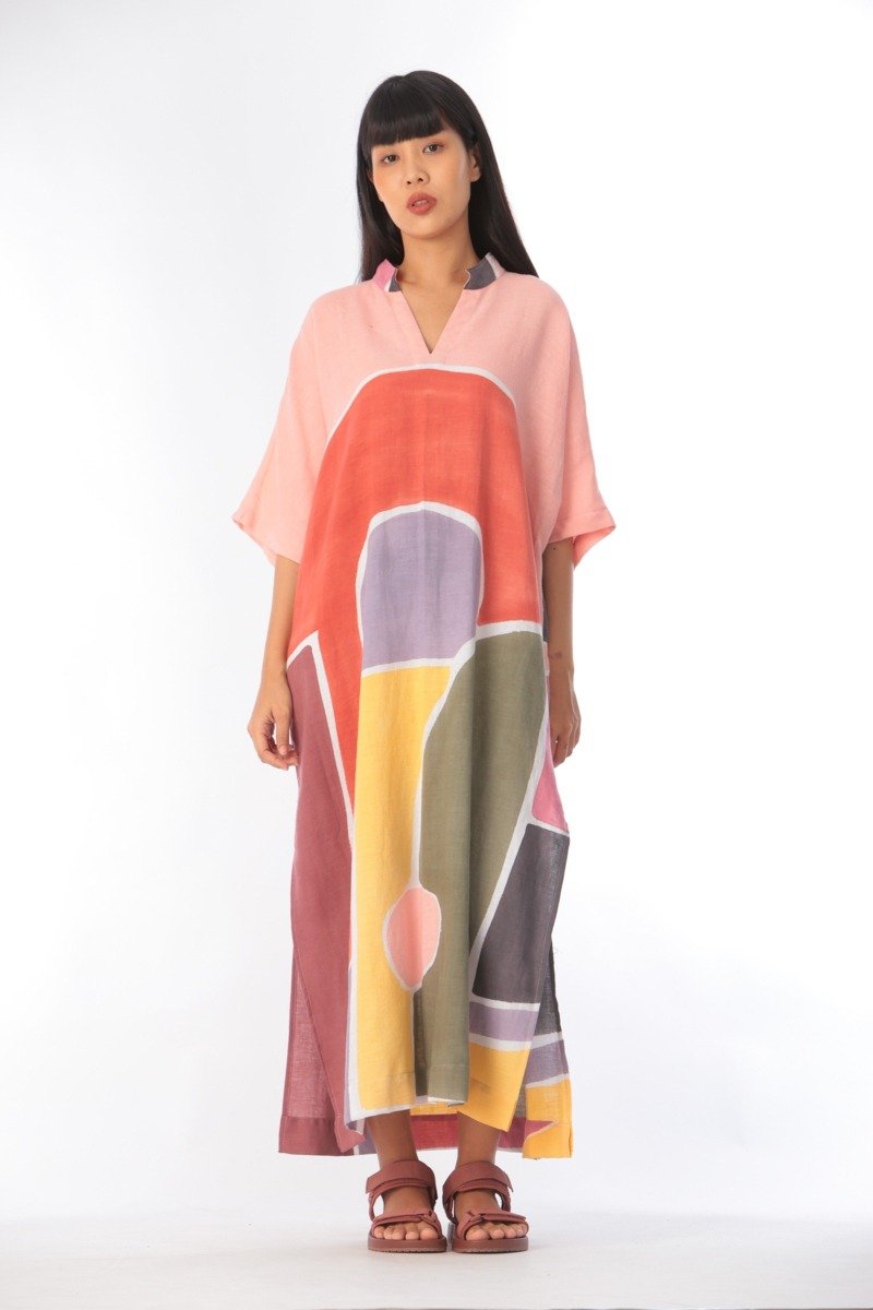 Kaftan Linen Hand Paint Free Size Art&Decor - 洋装/连衣裙 - 棉．麻 红色