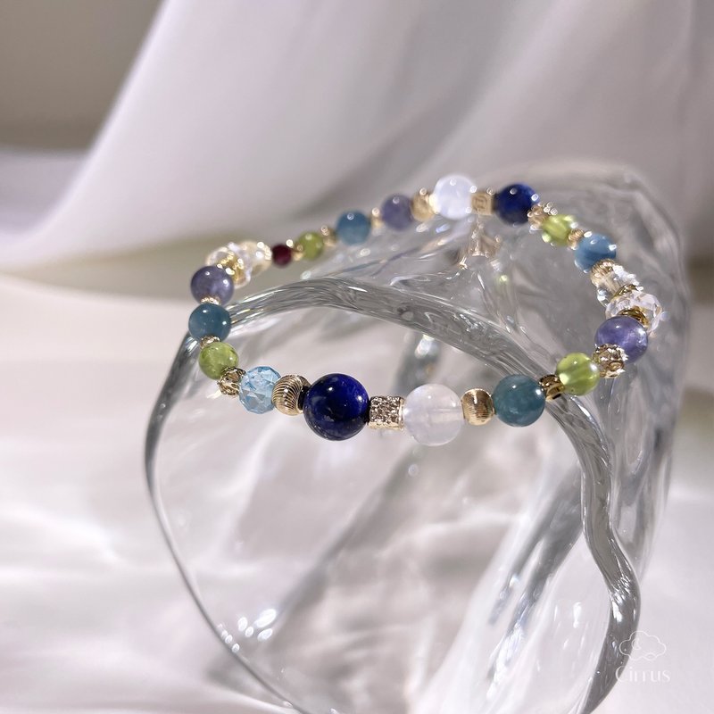 午后湖畔|蓝绿晶|青金石|蓝磷灰|橄榄石|蓝月光|水晶手链|A44-1 - 手链/手环 - 水晶 蓝色