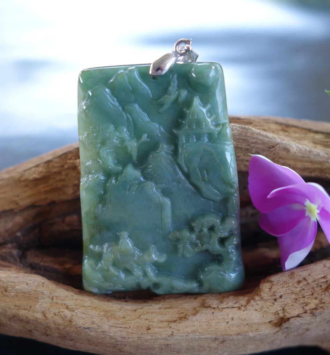 天然A货翡翠 山水牌 童子骑牛 吊坠 缅甸翡翠 天然A货 玉牌 玉佩 - 颈链 - 玉石 绿色