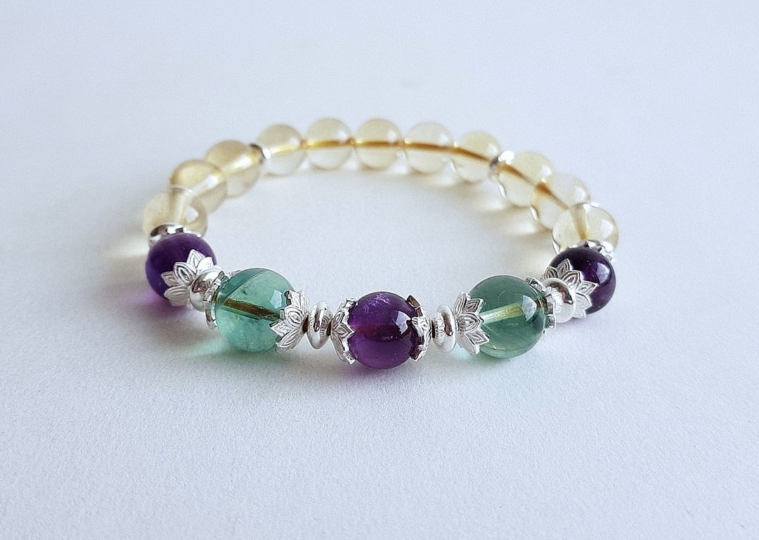 宝石系 三色石 天然矿石 黄水晶 蓝萤石 紫水晶 925纯银 手链 - 手链/手环 - 宝石 多色