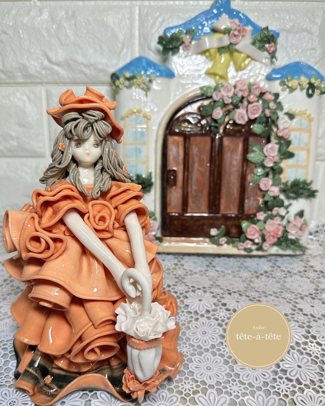 orange ruffle dress - 玩偶/公仔 - 陶 橘色