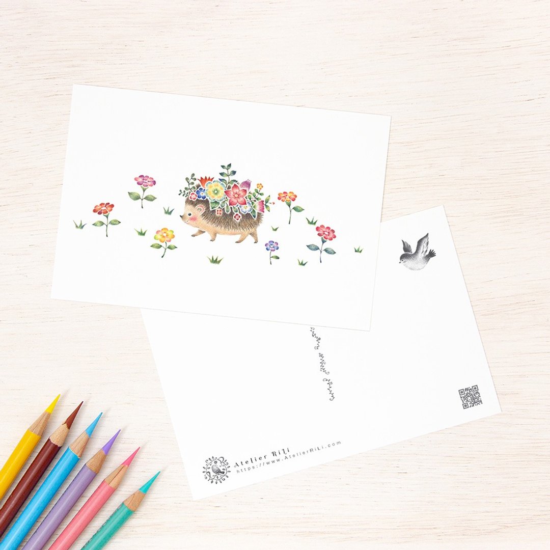 五张一组。宛如绘本。明信片 “装饰着花朵的刺猬玛莉” PC-253 - 卡片/明信片 - 纸 咖啡色