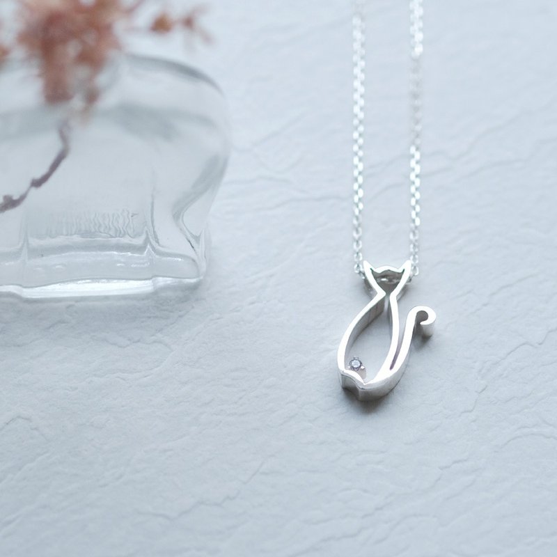 锆石 猫咪 长项链 925银 - 项链 - 其他金属 银色