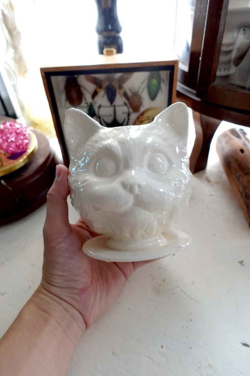 日本白色陶瓷猫咪头迷你多肉植物小花盆趣味家居生活小物园艺摆 - 花瓶/陶器 - 其他金属 银色