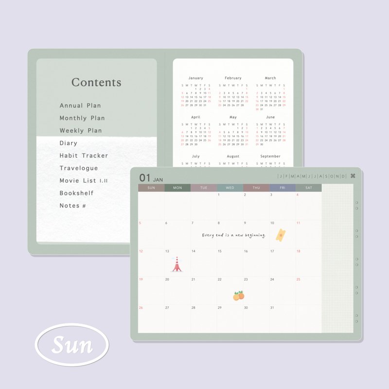 2025 行事历 电子手帐 | 鼠尾草绿 | 旅行.电影.阅读.兴趣 | 周日 - 电子手帐及素材 - 其他材质 