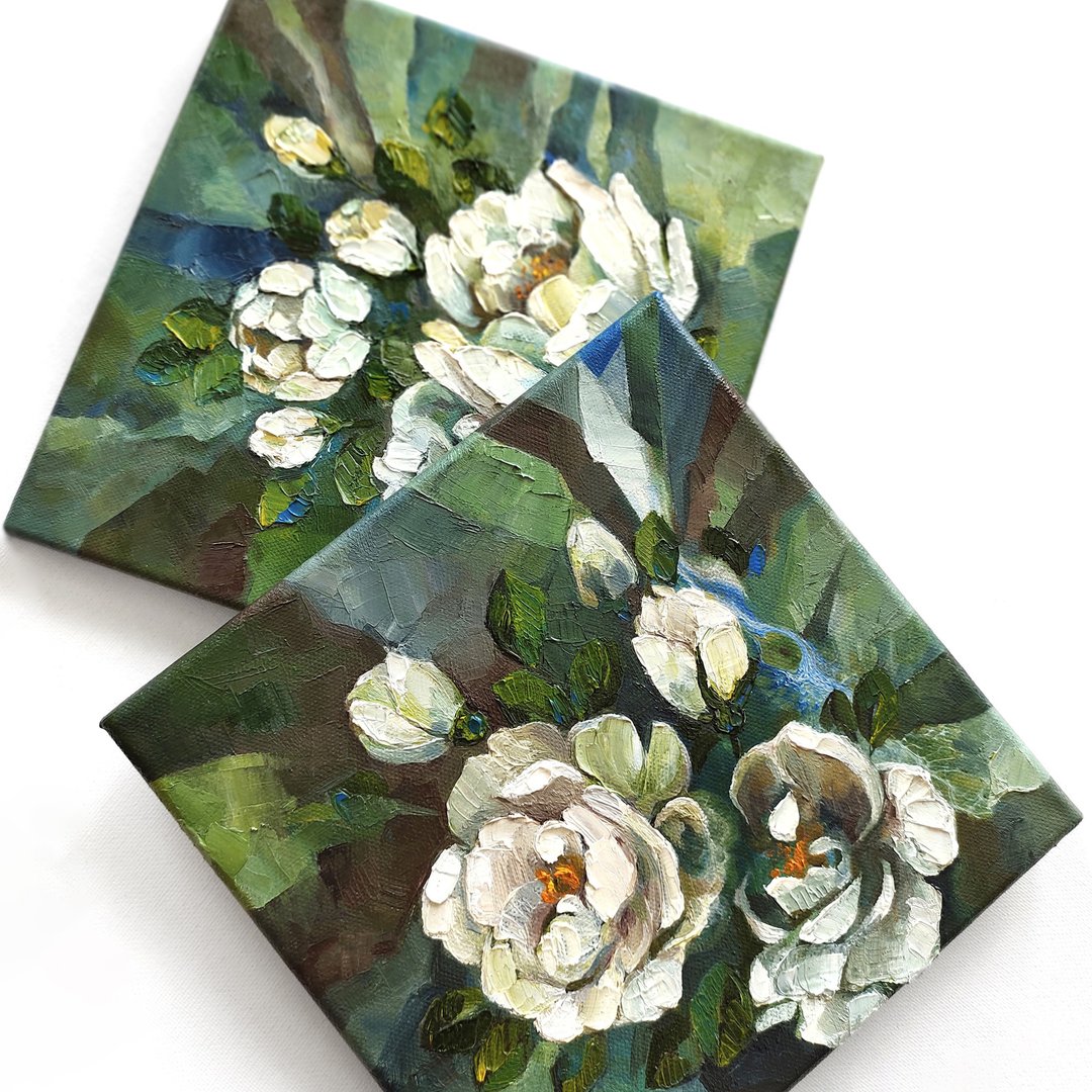 White Rose Painting Floral Original Art 2 set Wall Art Flower Impasto Painting - 海报/装饰画/版画 - 其他材质 绿色