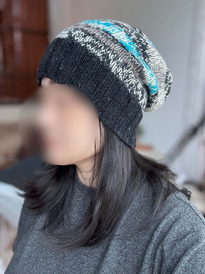 /户外/黑蓝横条纹配色双面翻边堆堆帽细软纯美丽诺羊毛帽反针织法 - 帽子 - 羊毛 黑色