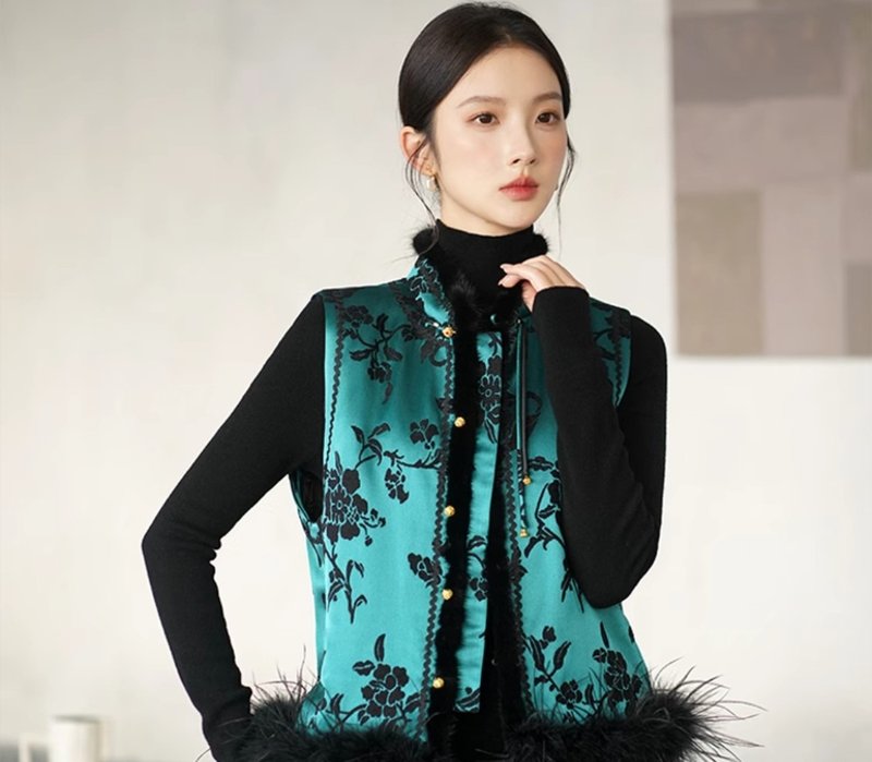 新中式復古中国风 非遗漳绒缎 拼仙羽叠穿背心 - 女装背心 - 聚酯纤维 绿色