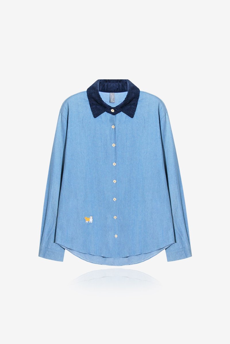 【小NG一件】刺绣柴柴／灯芯绒领牛仔衬衫 - 女装衬衫 - 其他材质 蓝色