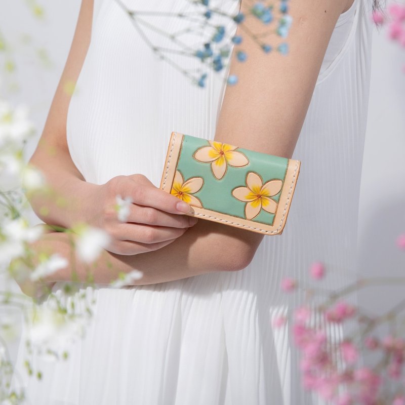 花之夏卡尔纯手工雕刻薄荷绿植鞣皮真皮卡片包名片包硬币包 - 皮夹/钱包 - 真皮 绿色