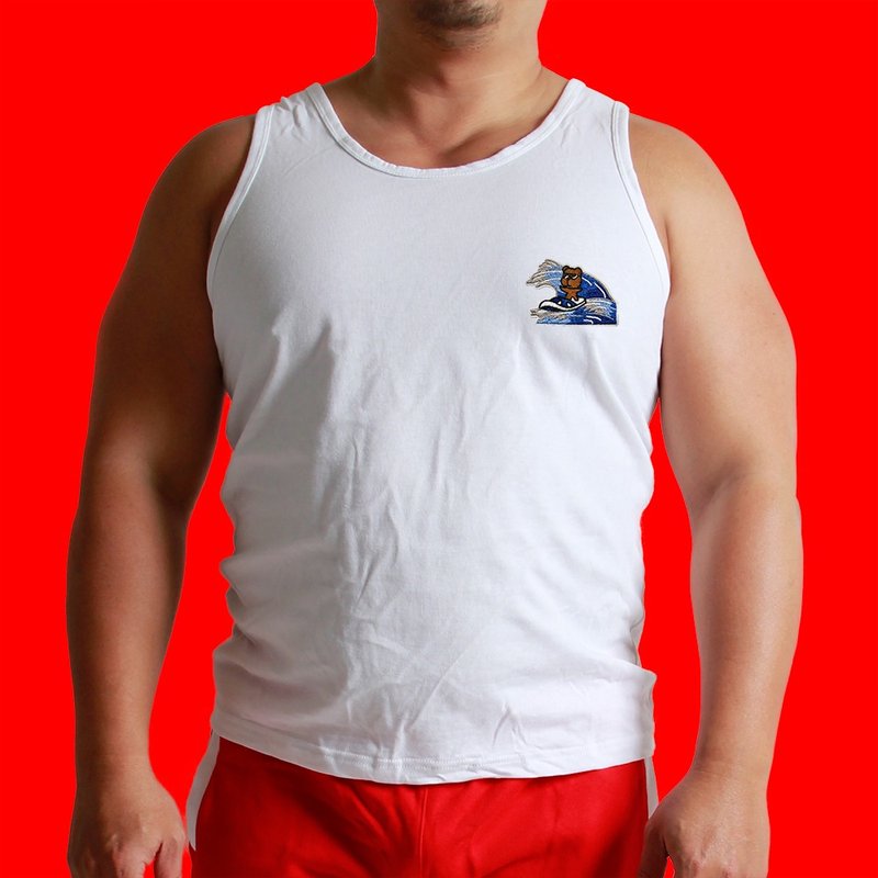 背心-布章-蓝白拖冲浪小熊(白) - 男装背心 - 棉．麻 白色