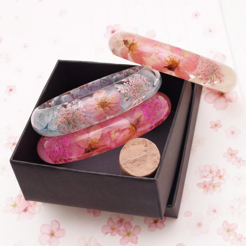 【女人节限定】当季・日本桜花三件手镯组合・真樱花手镯・干燥花 - 手链/手环 - 植物．花 粉红色