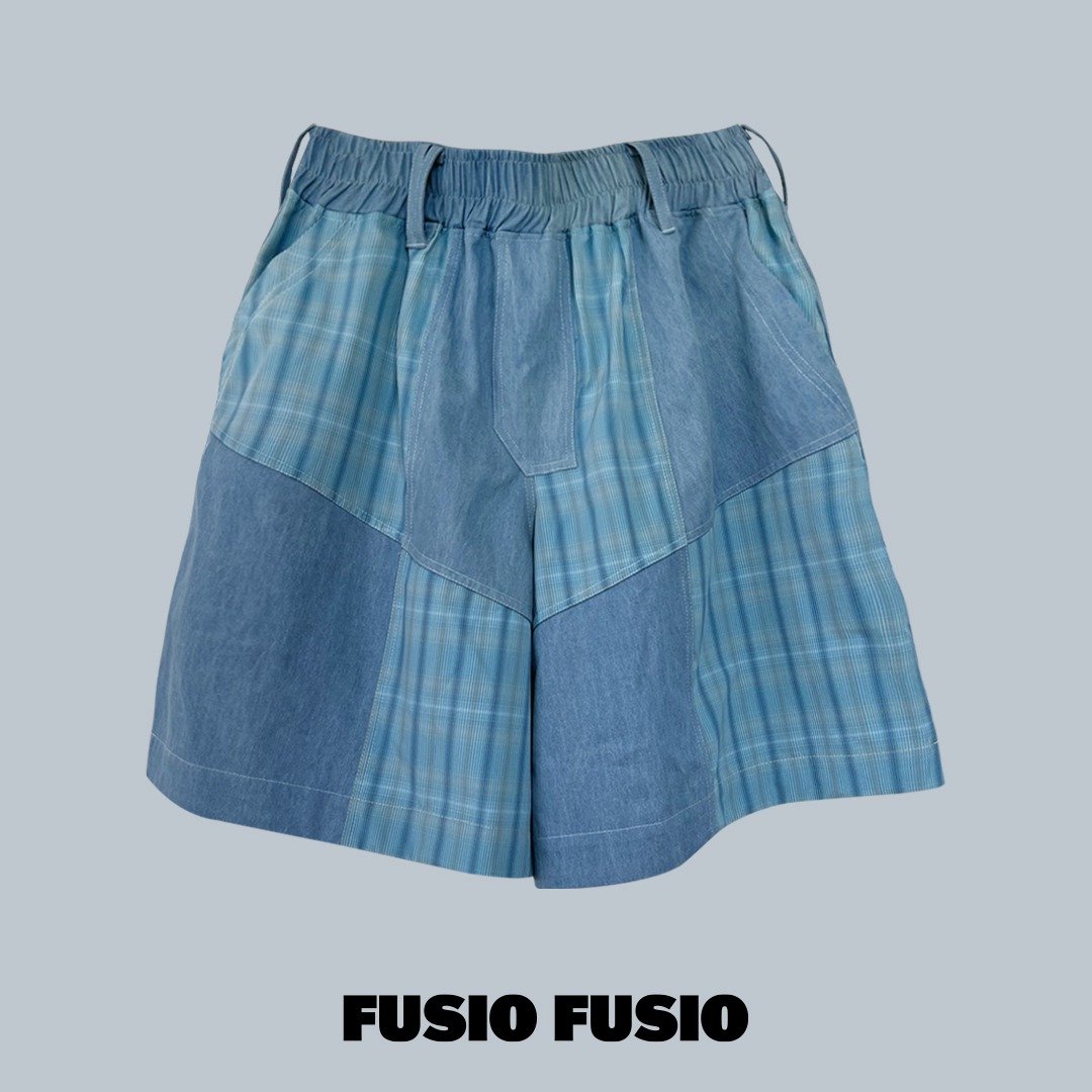 FUSIOFUSIO双色拼接短裤牛仔格子 - 男士短裤 - 棉 蓝色