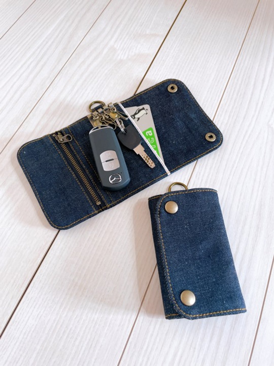Okayama denim trifold key case 4 row smart key case card case coin case - 钥匙链/钥匙包 - 棉 