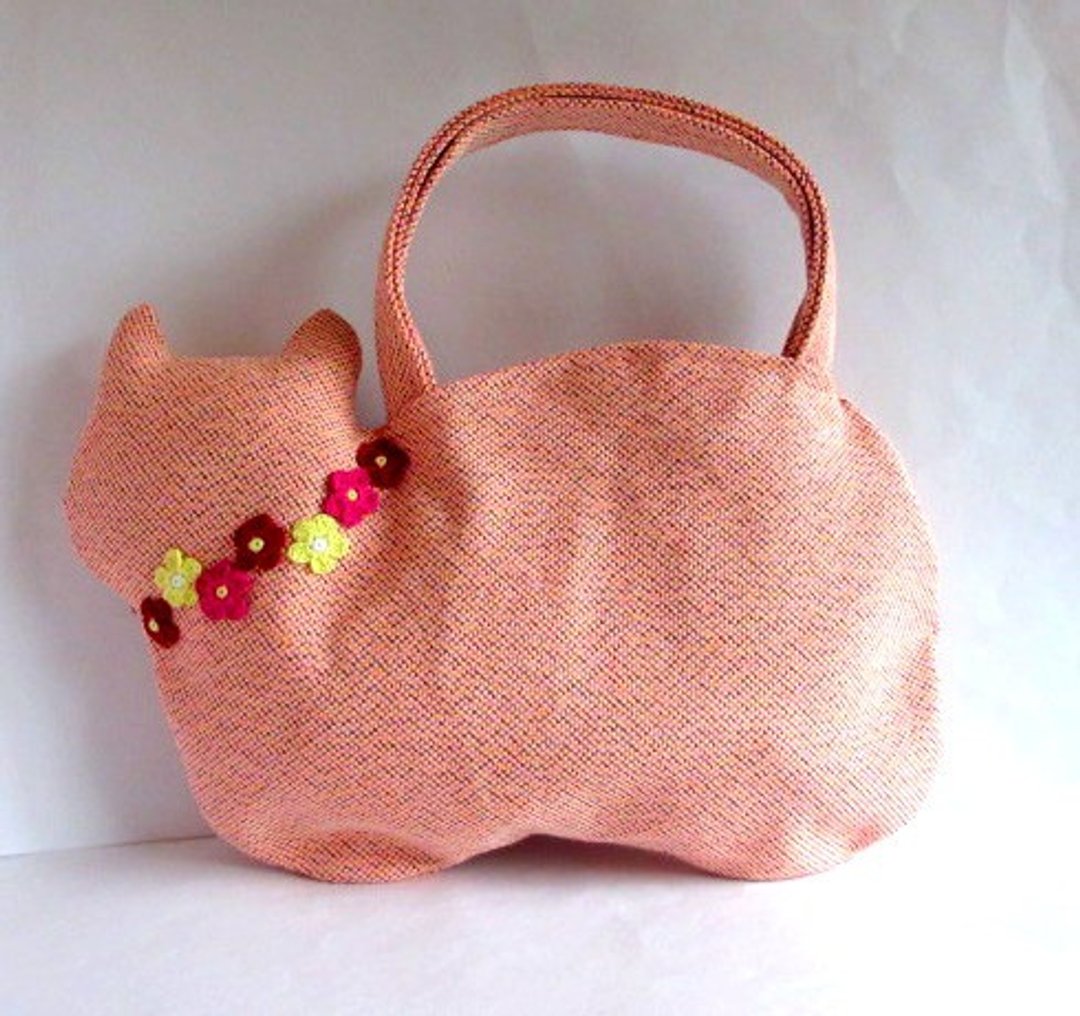 Cat bag with flower motif * Orange B - 手提包/手提袋 - 棉 