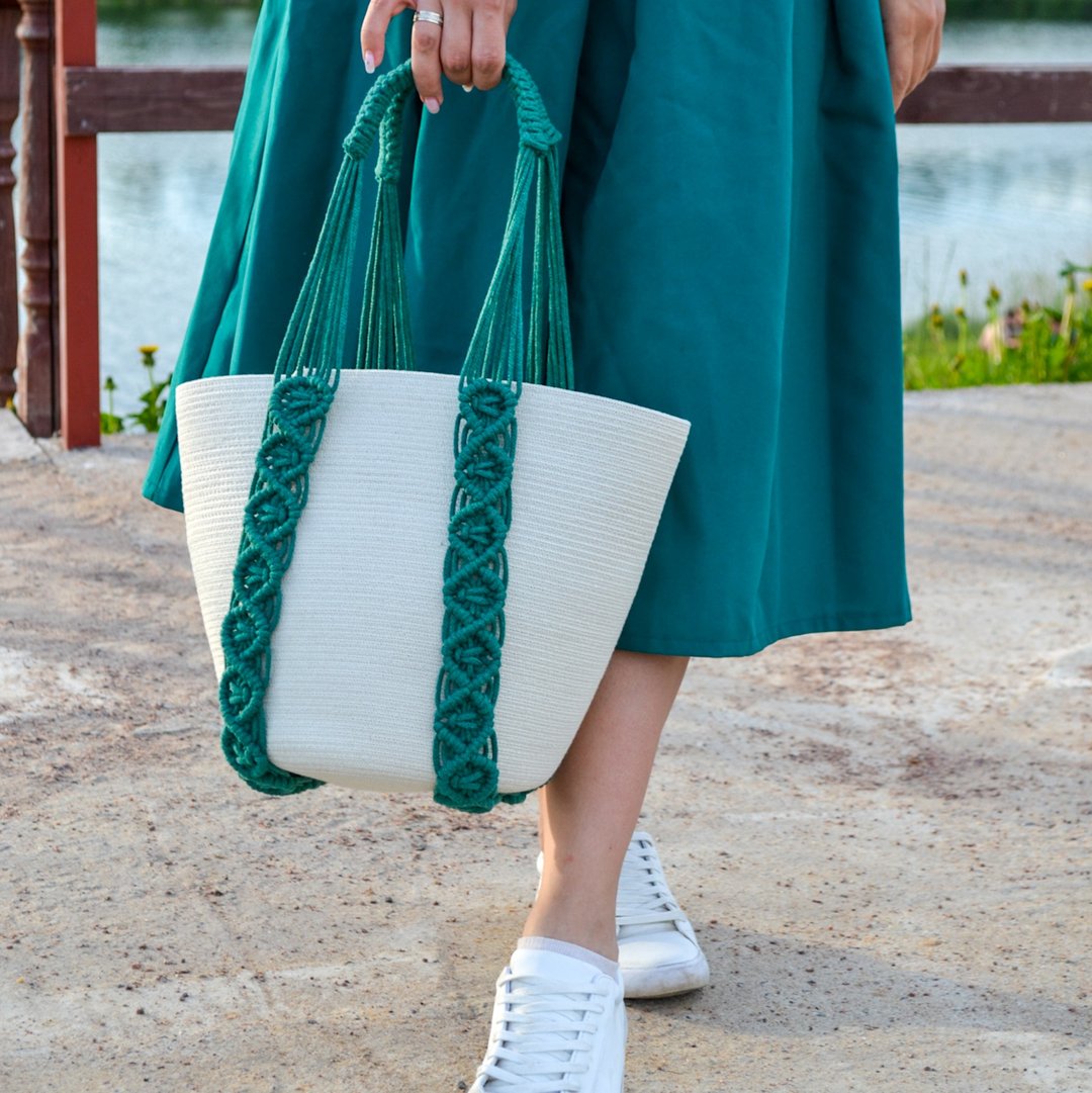 Macrame summer tote bag for women - 手提包/手提袋 - 环保材料 白色