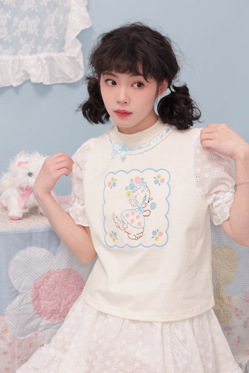 甜美少女 Remake古董手绢小猫短袖T恤 - 女装 T 恤 - 其他材质 白色