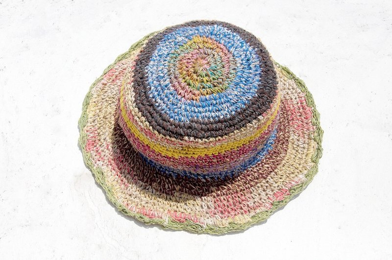 情人节礼物 限量一件手工编织棉麻帽/编织帽/渔夫帽/遮阳帽/草帽/草编帽 - 渐层彩虹冰淇淋 花边缤纷条纹 - 帽子 - 棉．麻 多色