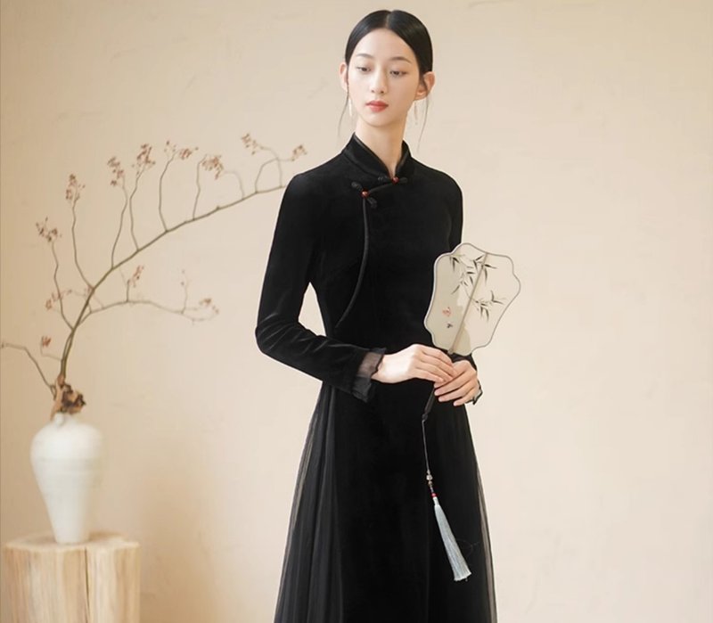 新中式復古中国风 秋冬盘扣改良奥黛旗袍洋装 - 洋装/连衣裙 - 聚酯纤维 黑色