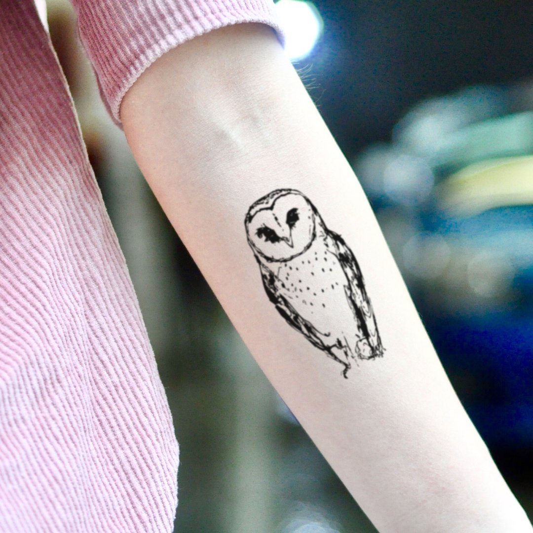 OhMyTat 谷仓猫头鹰 Barn Owl 刺青图案纹身贴纸 (2 张) - 纹身贴 - 纸 黑色
