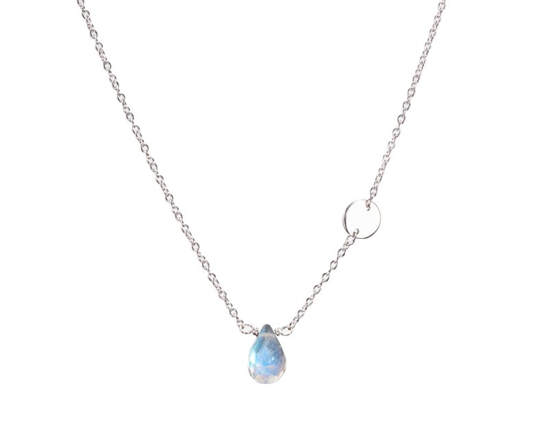 月光石彩虹纯银小项链 免费刻字六月诞生石坠子 极简星座生日项链 - 锁骨链 - 纯银 蓝色