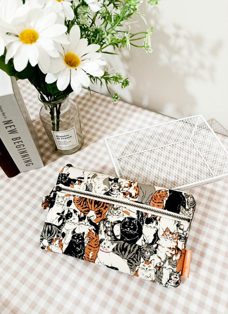 拾光系列零钱包/万用包/拉链收纳包/猫咪家族款 - 皮夹/钱包 - 棉．麻 咖啡色