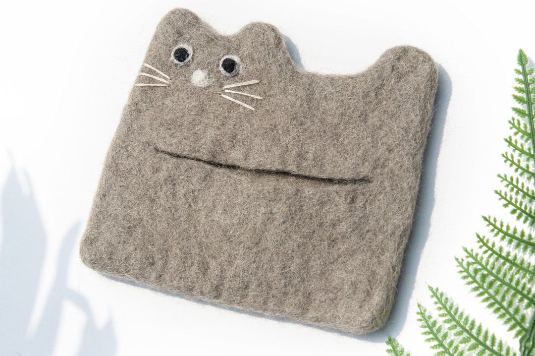 羊毛毡面纸包/猫咪毛孩子面纸袋/动物造型悠游卡套-灰色猫咪刺绣 - 其他 - 羊毛 多色