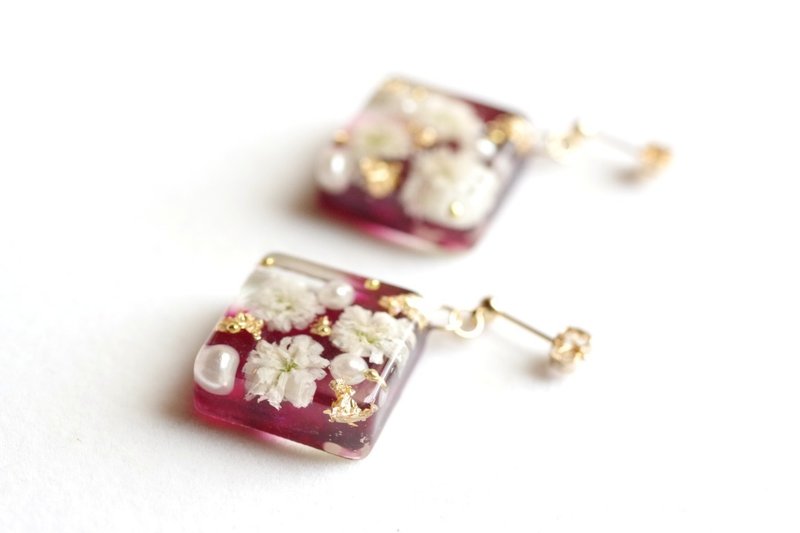 树脂艺术 方形耳环・恋爱烦恼 - 耳环/耳夹 - 树脂 粉红色