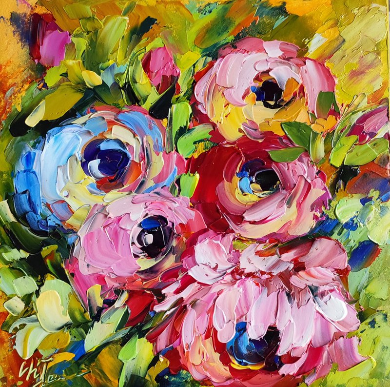 Rose painting original,Colorful flowers oil artwork Floral wall art 6 by 6 inch - 海报/装饰画/版画 - 其他材质 多色