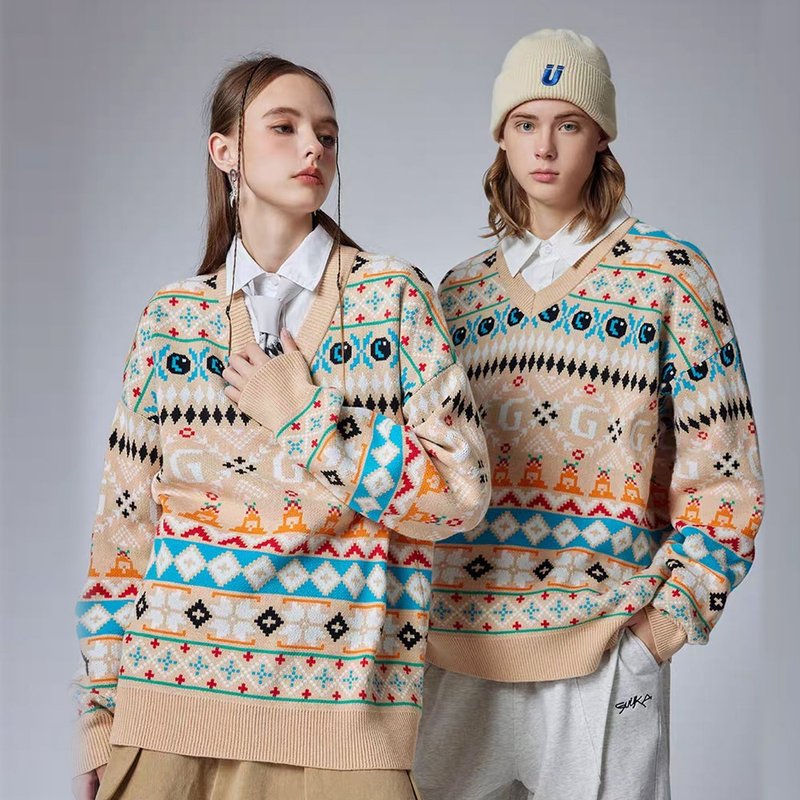 七巧板圣诞情侣针织衫女  民族风拼色V领毛衣男 - 女装针织衫/毛衣 - 聚酯纤维 红色