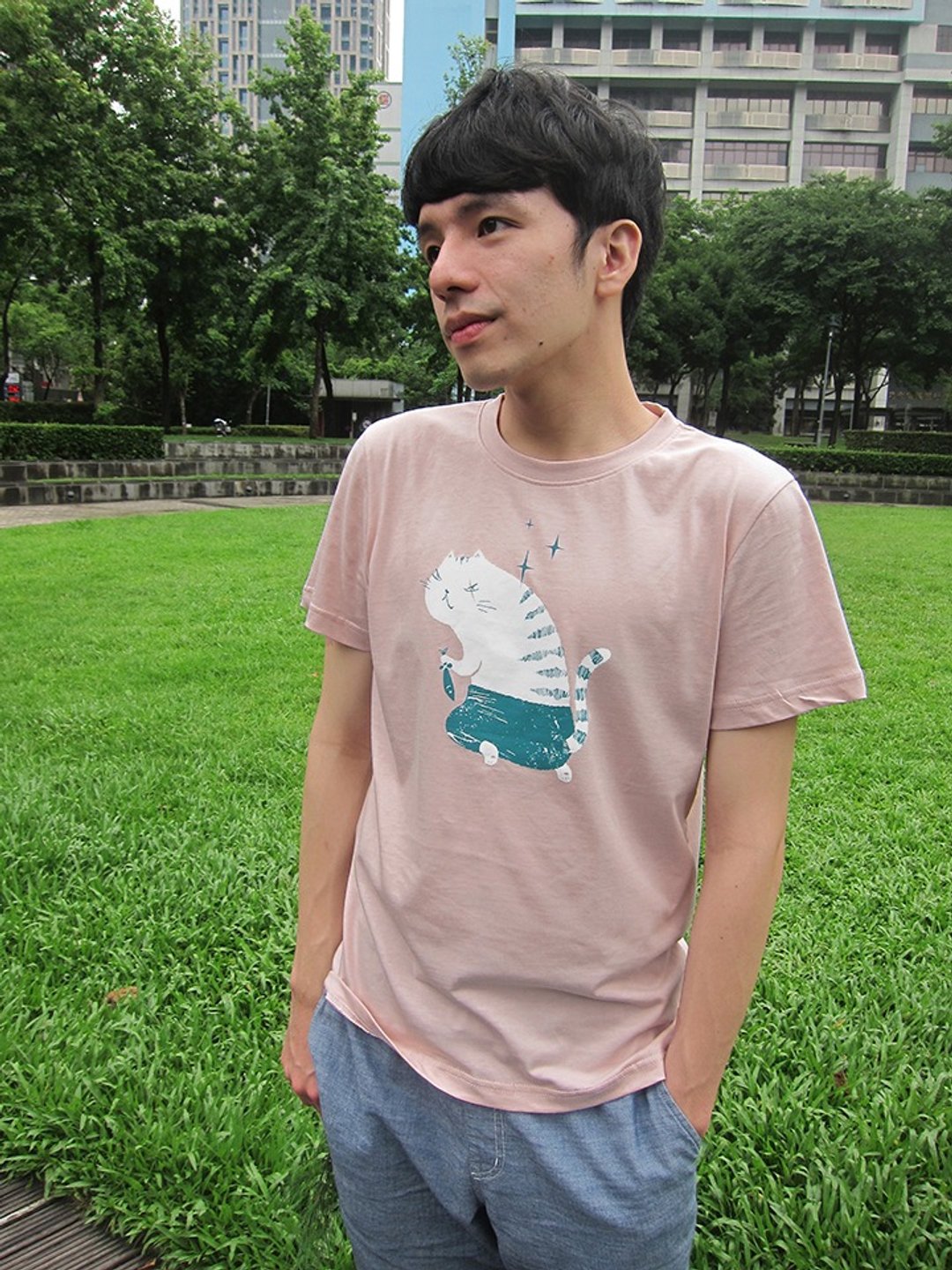 喵小刀－中性纯棉T-Shirt 订制色推荐 - 男装上衣/T 恤 - 棉 粉红色